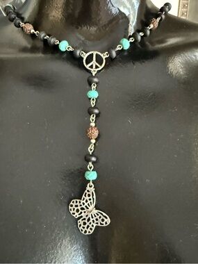 Lucky Brand Black and Turquoise Butterfly Pendant Necklace with Peace Charm